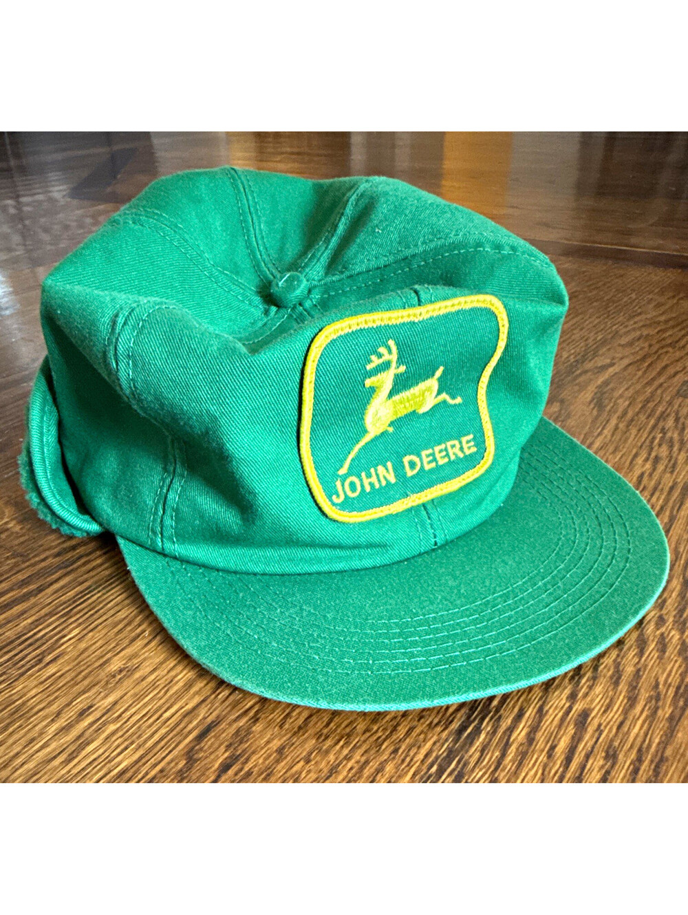 VTG John Deere Ear Flap Winter Trucker Hat Made USA K-Brand Green Fleece Lined